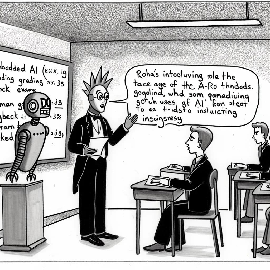 風刺画: AI時代の教育現場で変わる教師の役割：「採点から指導へ」のパラダイムシフトが始まった