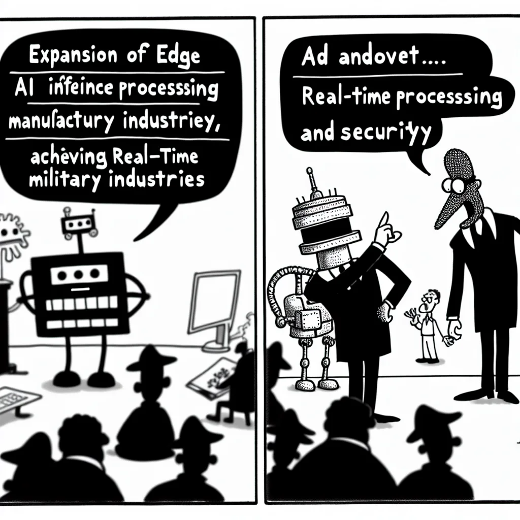 風刺画: エッジAIの推論処理が製造業と軍事分野で急速拡大、リアルタイム処理と安全性を両立