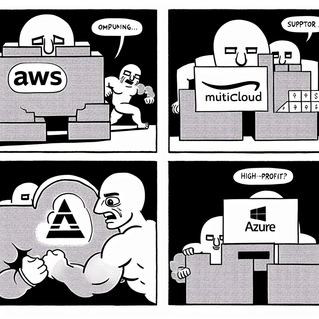 風刺画: AWS BedrockとAzure OpenAIの競争: AIインフラストラクチャの比較