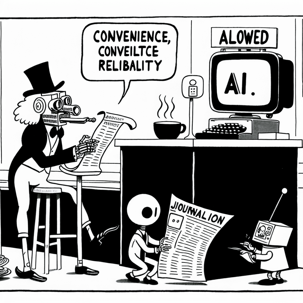 風刺画: AIジャーナリズムの信頼性: 未来への葛藤と革新