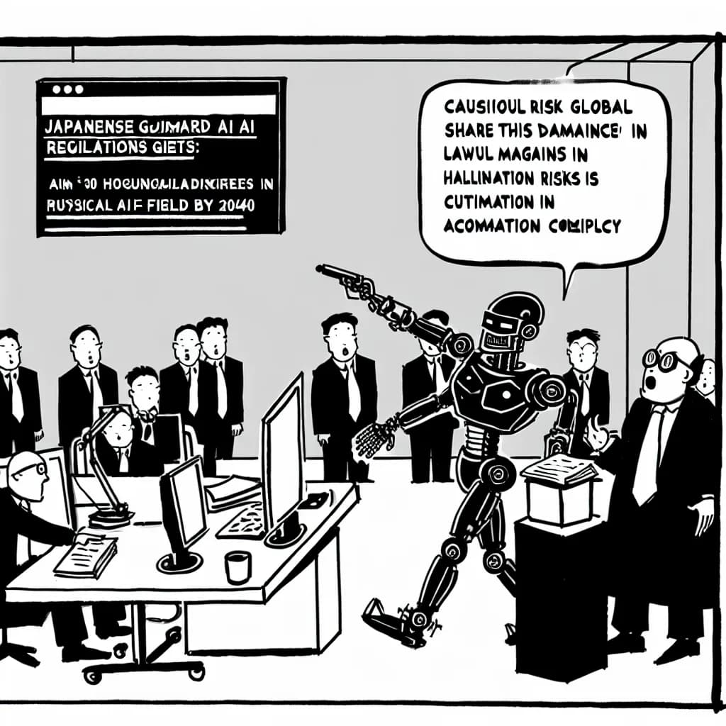 風刺画: 日本のAI規制ガイドライン整備が本格化:2040年まで物理AI分野で世界シェア30%目指す