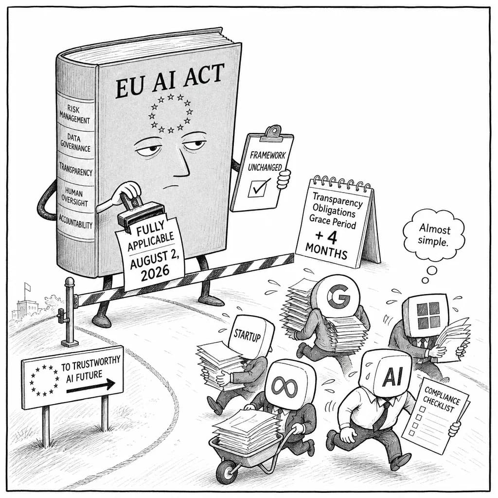 風刺画: EU AI Act、2026年8月2日全面適用へ ― デジタル・オムニバスで義務簡素化も規制の方向性は不変