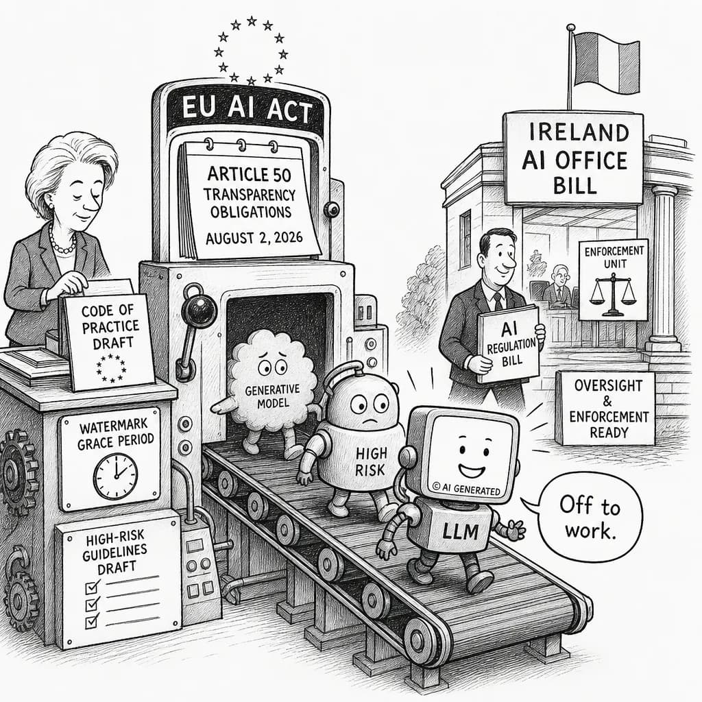 風刺画: EU AI Act、8月2日の透明性義務施行で「執行フェーズ」へ移行 ― Code of Practice草案とアイルランドAIオフィス法案が始動