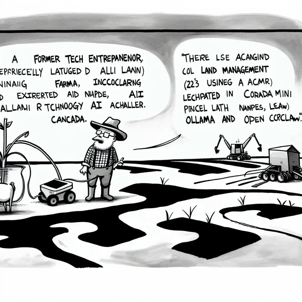 風刺画: 元テック起業家が22エーカーの土地でAI開発環境を構築!Mac miniとOllamaでローカルLLMを農場経営に活用した話